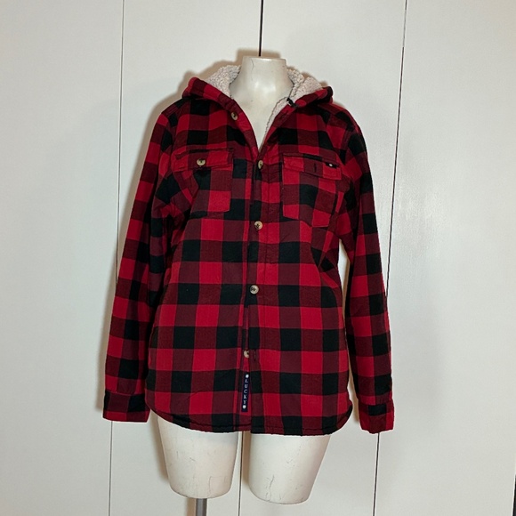 Lucky Brand Red and Black Plaid Jacket/Shacket Women Size XL with Hood - Picture 1 of 8